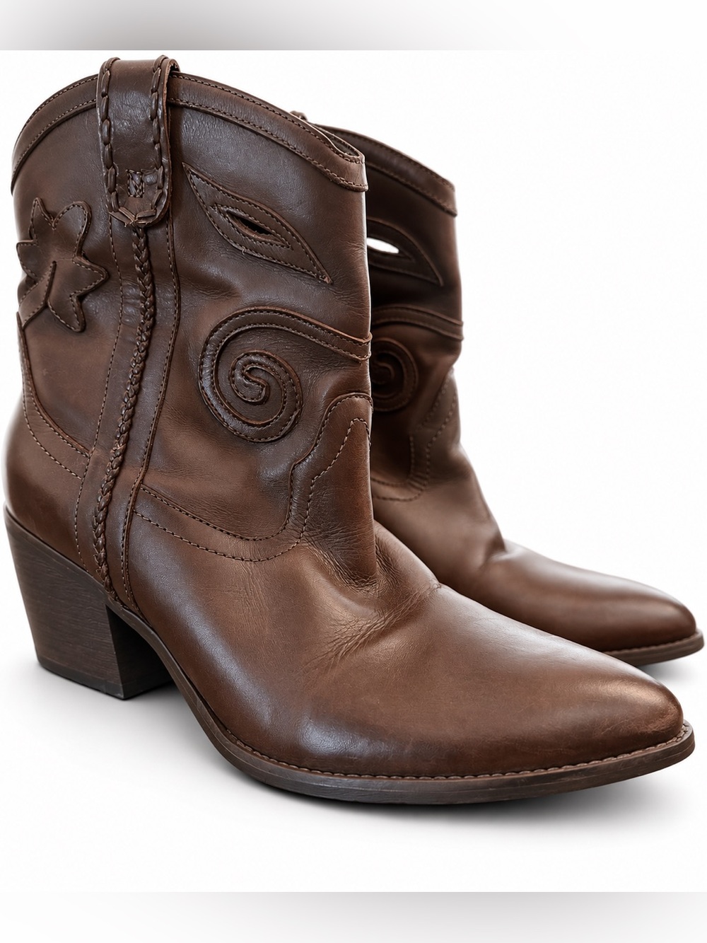 Carlos Santana Brown Leather Embroidered Western Ankle Boots